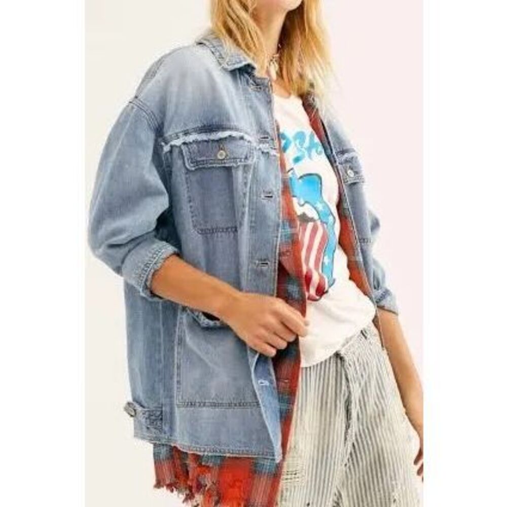 We The Free Distressed Field Day Denim Jean Jacket Sz L Flannel Oversized